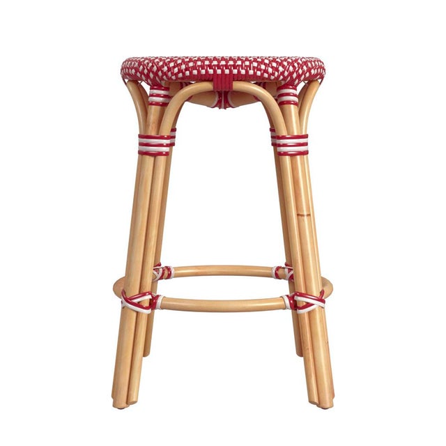 2020s Tobias 24 in. Seat Height Round Rattan Backless Counter Stool, Red/White Dot/ Natural Rattan Frame For Sale - Image 5 of 8