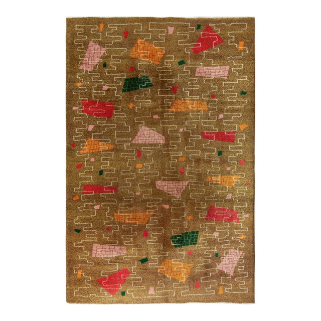Vintage 1960s Art Deco Rug in Mustard, Beige-Brown, Multicolor Geometric Pattern For Sale