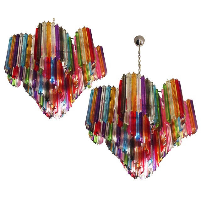 Italian Multicolored Quadriedri Murano Glass Chandeliers, 1990s, Set of 2 For Sale