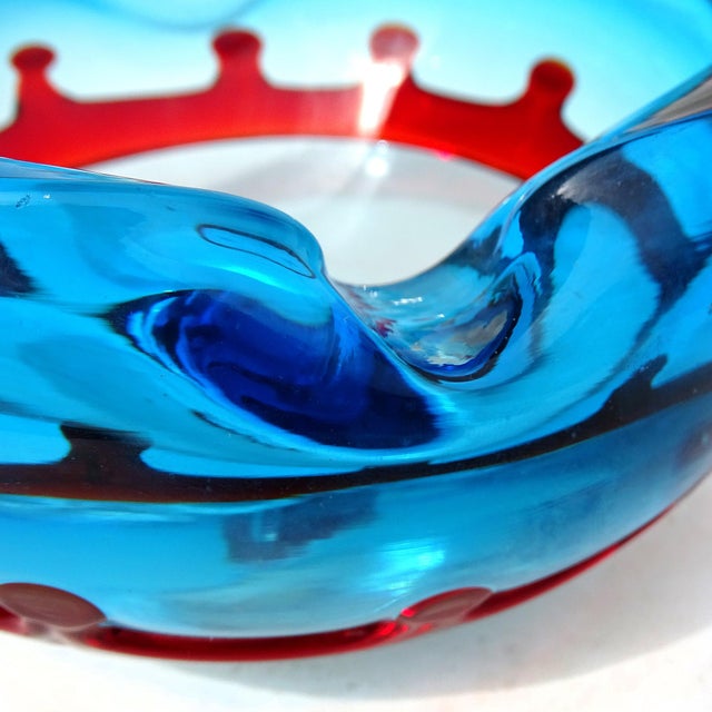 Mid 20th Century Fratelli Toso Murano Blue With Red Crown Decor Flower Millefiori Center Italian Art Glass Bowl Ashtray For Sale - Image 5 of 10