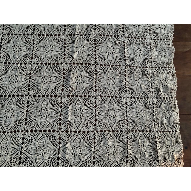 Vintage Handmade Coverlet Crochet Lace Tablecloth — Ivory Floral Heirloom Textile — French Country / Farmhouse — 56” × 82 For Sale - Image 9 of 10