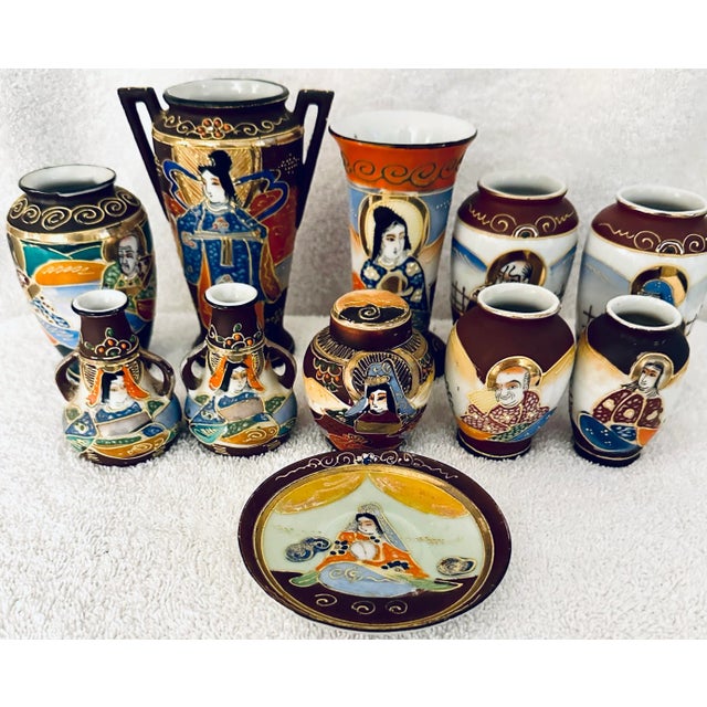 Metal Vintage Mini Japanese Vases Hand-Painted 24k Gold Detail - a Set of 11 For Sale - Image 7 of 8