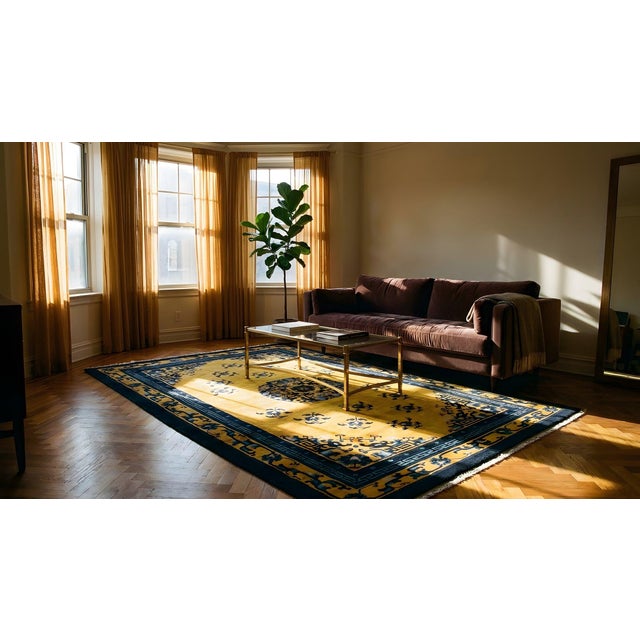 Textile 1920s Gold Medallion Classic Antique Chinese Peking Rug 5' X 8' Handknotted Wool Carpet For Sale - Image 7 of 9
