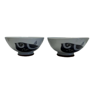 Vintage Crane Japan Rice Bowls Set of 2 | Gray Blue Footed Porcelain Bowls | Japanese Soup Cereal Dessert Bowls | Minimalist Graphic