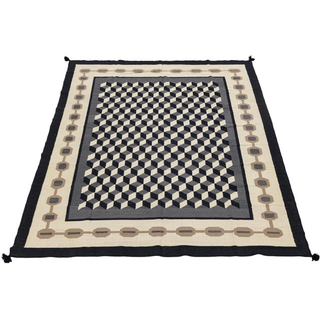Modernist Navajo Style Geometric Flatweave Wool Rug With Optical Cube Pattern For Sale - Image 11 of 12