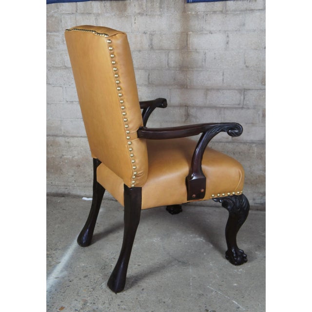 Antique 19th C English Chippendale Arm Chair Carved Mahogany Leather Ball Claw For Sale - Image 4 of 13