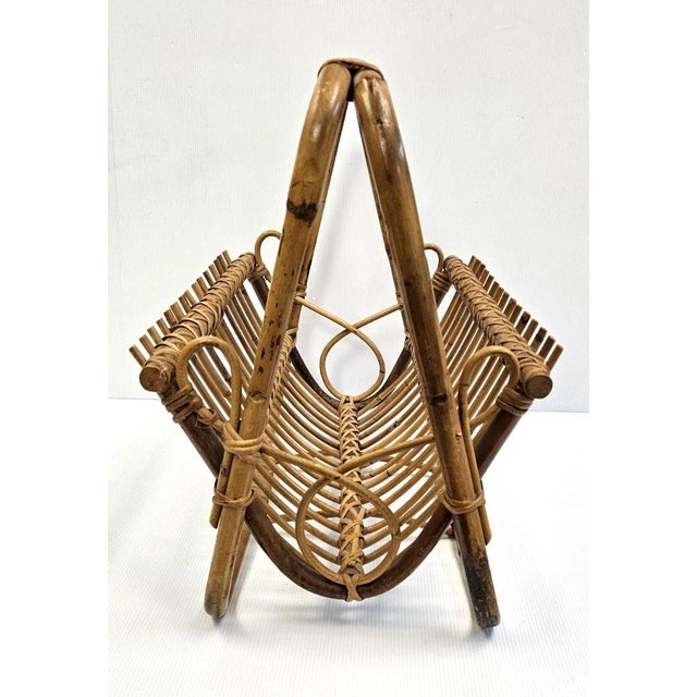Vintage MCM Rattan Wicker 19" Magazine Rack Stand Franco Albini Style Boho Decor For Sale In Philadelphia - Image 6 of 14
