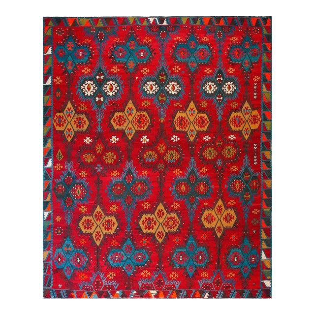 1940s Red Geometric Vintage Turkish Kilim Sivas Rug 9'4" X 11'6" Wool Flatweave Carpet For Sale