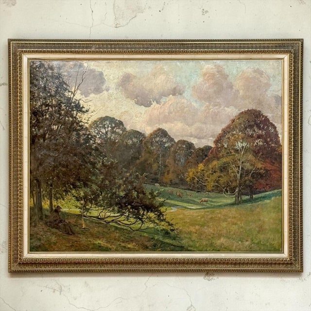 Realism Framed Oil Painting on Canvas by Léon Dardenne (1865–1912), 'Pastoral Landscape With Shepherd and Grazing Cattle' Dated 1897 For Sale - Image 3 of 17
