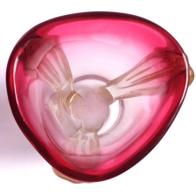 Murano Vintage Murano Seguso Red Pink Sommerso Gold Flecks Italian Art Glass Midcentury Flower Vase For Sale - Image 4 of 6