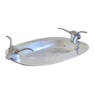 Vintage Mid-Century Modern Longhorn Bull Cast Aluminum Serving Tray – Western Barware / Decorative Catchall For Sale