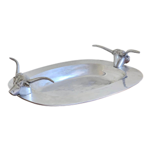 Vintage Mid-Century Modern Longhorn Bull Cast Aluminum Serving Tray – Western Barware / Decorative Catchall