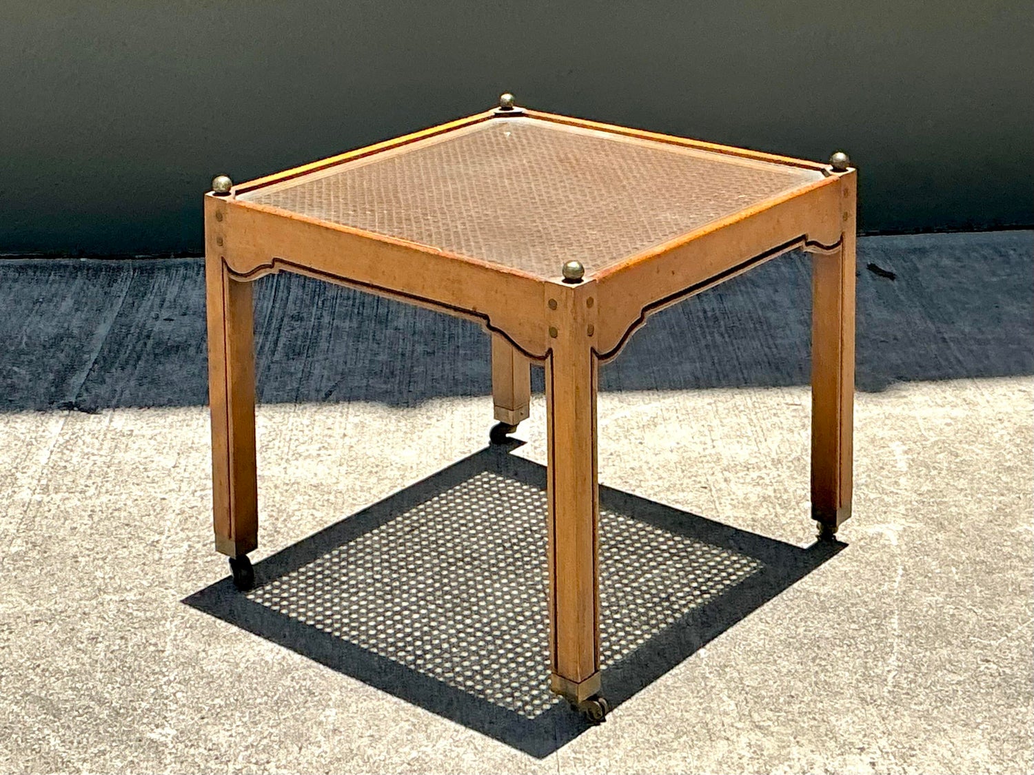 Vintage Brass Detail Cane Inset Drinks Table - Detail view