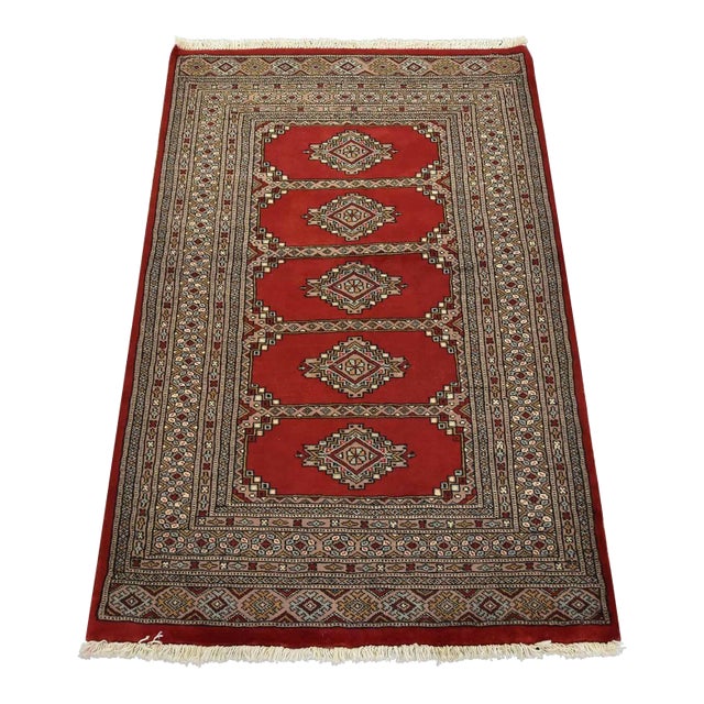 Bokhara Jaldar Rug 3’1” X 4’10” Red Wool Tribal Hand-Knotted Oriental Carpet For Sale