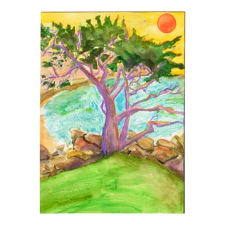 Karen Druker "Purple Cypress" Modern Pastel Vertical Landscape Circa 2010 For Sale