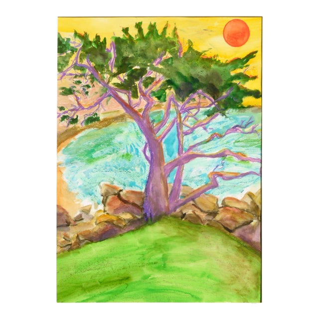 Karen Druker "Purple Cypress" Modern Pastel Vertical Landscape Circa 2010 For Sale