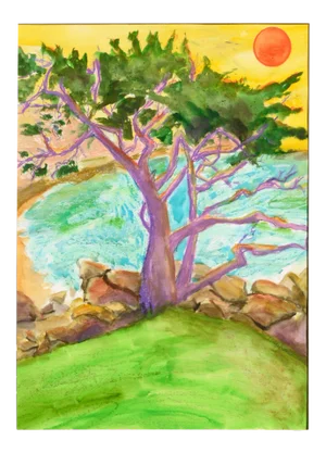 Karen Druker "Purple Cypress" Modern Pastel Vertical Landscape Circa 2010