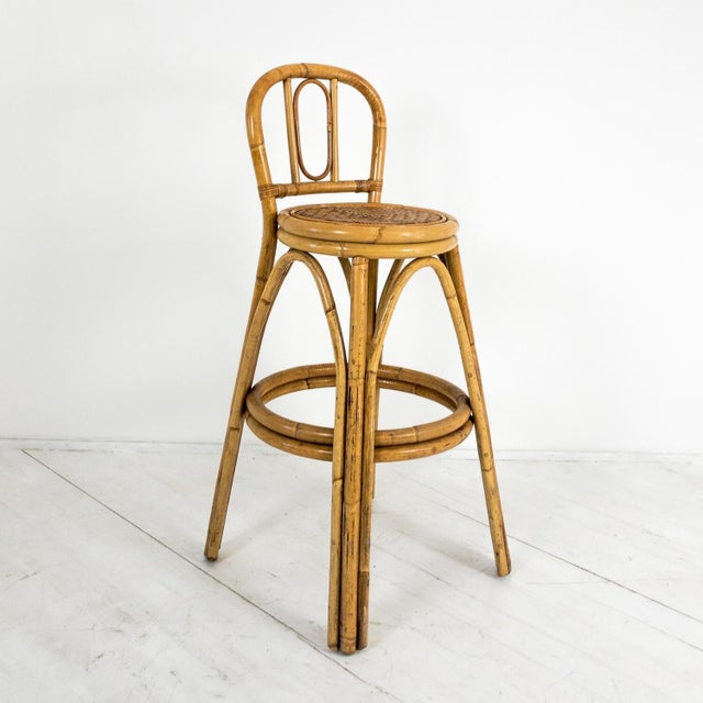 Vintage Bamboo Bar Stool with seat in rattan straw.