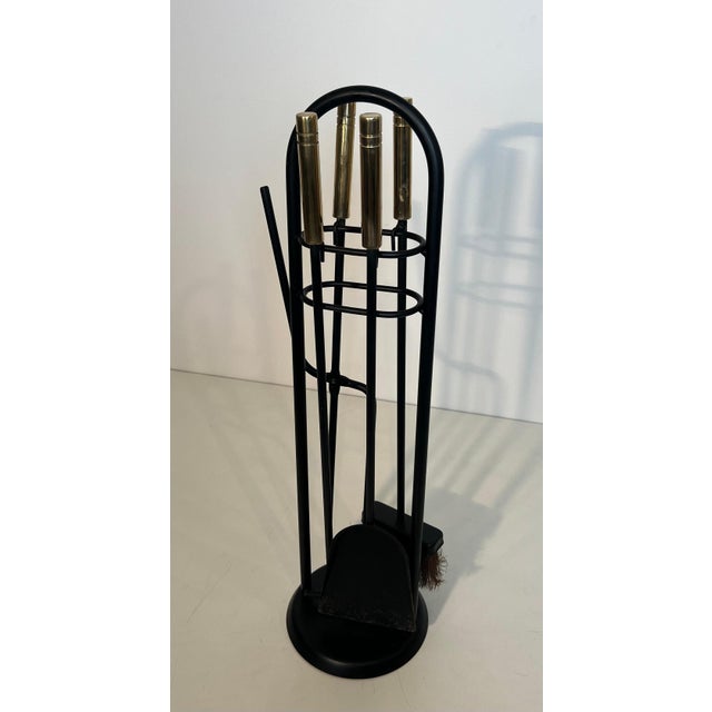 1970s Circa 1970s Fireplace Tools on Stand in Black Lacquered Metal and Brass Design/one For Sale - Image 5 of 12