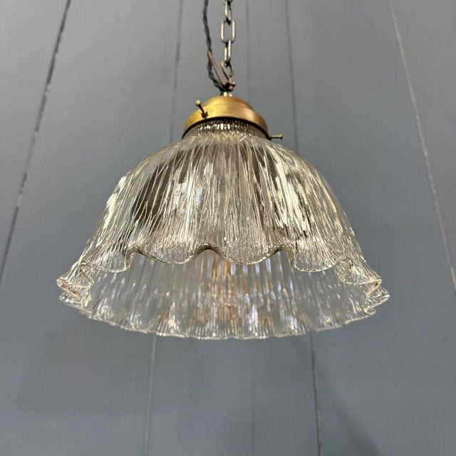 Asteroid Pressed Glass Holophane Pendant Lamp with Brass Fixture, 1920s For Sale - Image 13 of 18