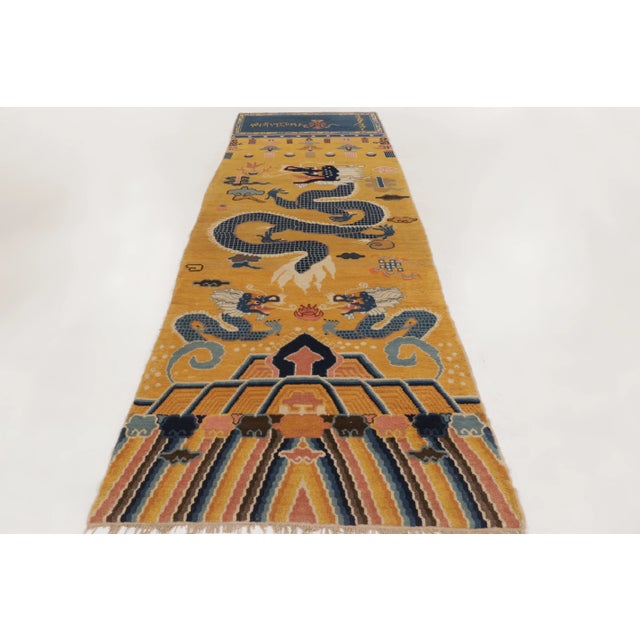 Traditional Antique Chinese Ningxia Pillar Runner With Golden Celestial Dragons - Rug & Kilim For Sale - Image 3 of 13