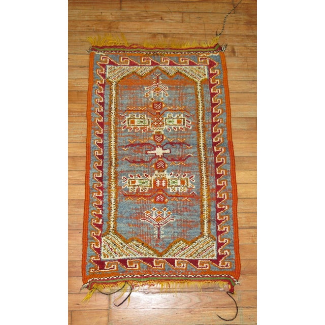 Mid-Century Modern Blue Orange Vintage Moroccan Mini Rug For Sale - Image 3 of 6