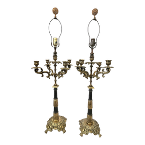 Antique French Empire-Style Brass 5 Light Candelabra Now Table Lamps. Set of Two.