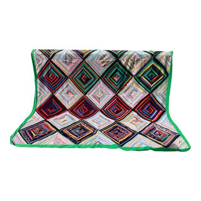 Vintage 19th Century Handmade Diamond Patchwork Strips & Block Crazy Quilt- King Size For Sale