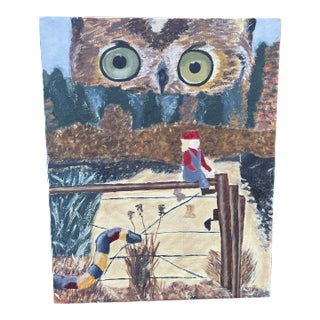 Original Folk Art Acrylic Painting of Owl and Farmer For Sale