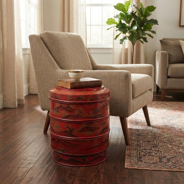 Chinese Vintage Chinese Red Golden Scenery Graphic Round Wood Stack Basket Table For Sale - Image 3 of 12