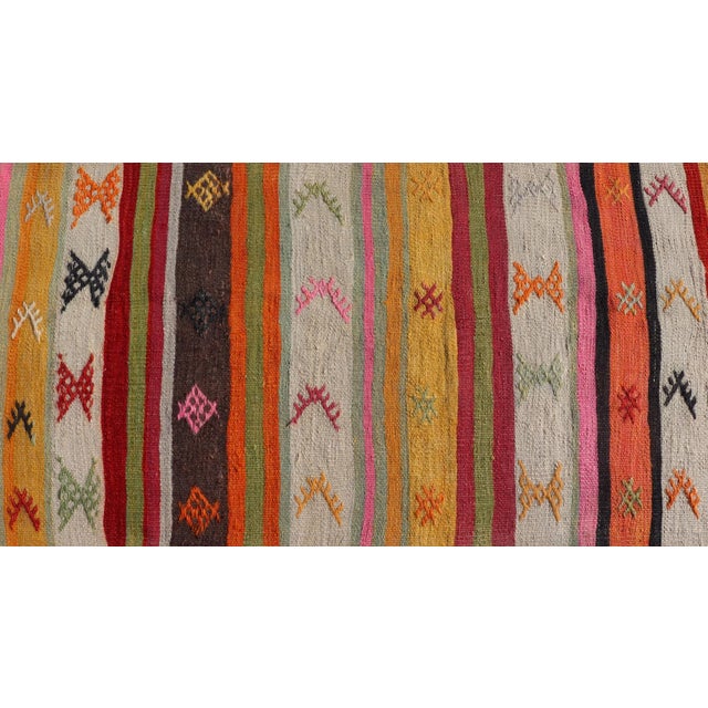 Mid 20th Century Vintage Hand Woven Turkish Kilim Colorful Stripe Runner With Tribal Motifs For Sale - Image 9 of 12