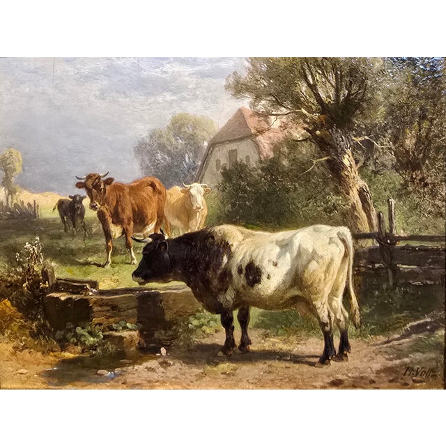 Impressionist Friederich Voltz -Cows in a Farm Landscape- 19th Century Oil Painting For Sale - Image 3 of 7