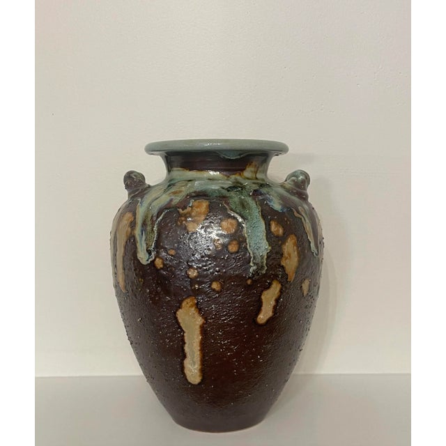 Antique Abstract Asian Raku Ceramic Pottery Vase in Celadon, Camel, Chocolate Brown For Sale - Image 4 of 12