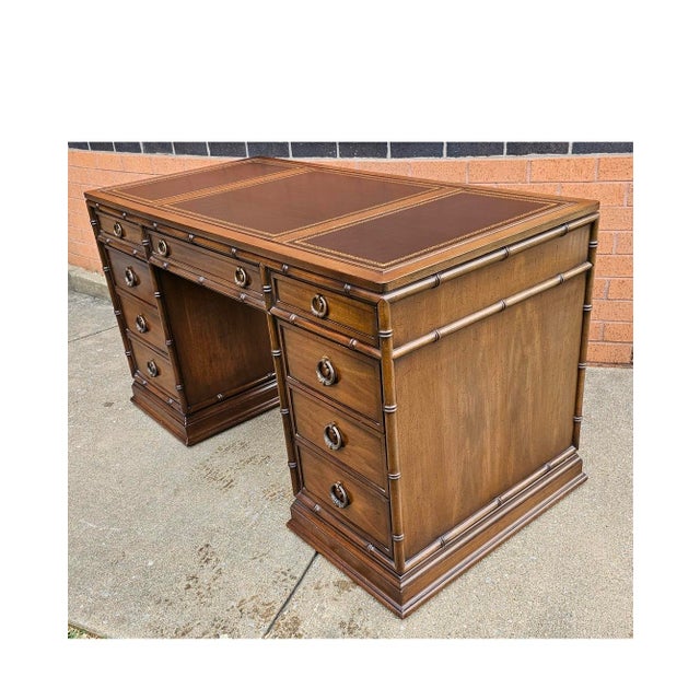 Sligh Walnut Faux Bamboo and Stenciled Leather Top Insert Executive Desk For Sale - Image 10 of 10