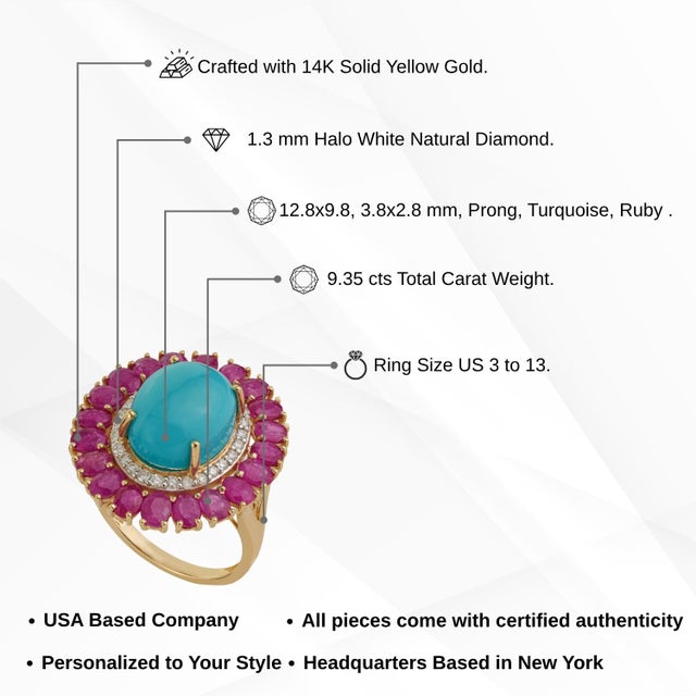 14k Yellow Gold 9.35ct Cabochon Turquoise Ruby & Diamond Halo Cocktail Ring Size 4 For Sale - Image 13 of 18