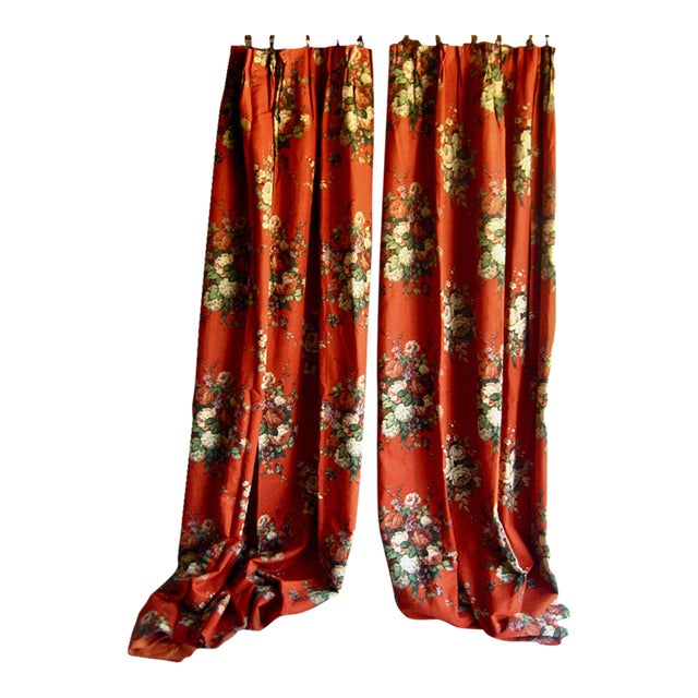 French 1970 Pair of Floral Rust Linen Curtains For Sale