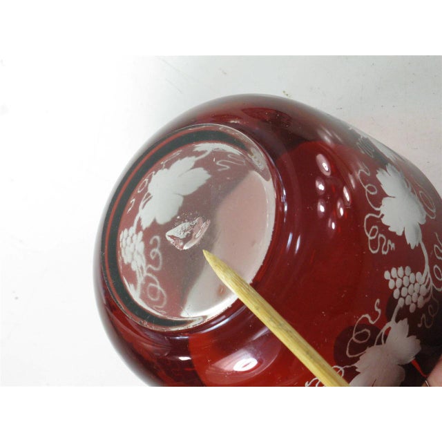 Ruby Red Antique Bowls Ruby Bohemian Glass Red Flashed Engraved Copper Wheel Grape Leaf - Set of 4 For Sale - Image 8 of 12