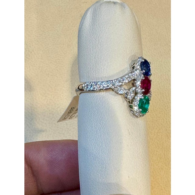 Gemstone 1.2 Ct Fine Natural Emerald Ruby & Sapphire + 1.5 Ct Diamond 18 KWG Ring S 7 For Sale - Image 7 of 18