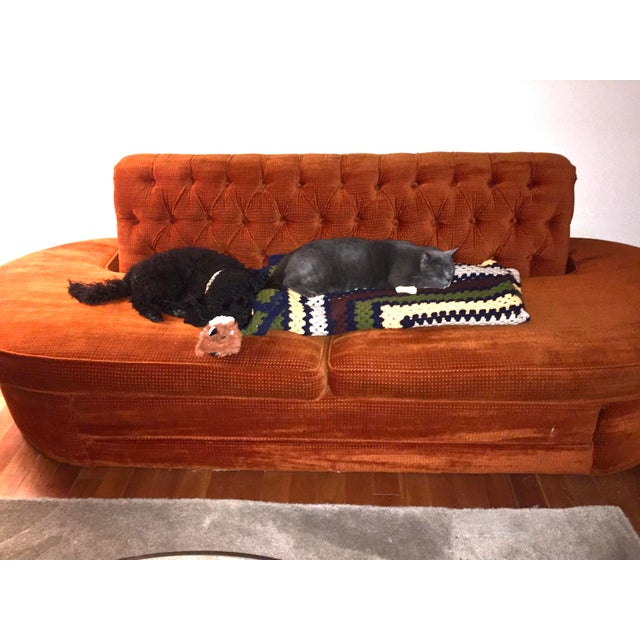 Milo Baughman 1970s Orange Velour Tufted Armless Sofa For Sale - Image 4 of 8