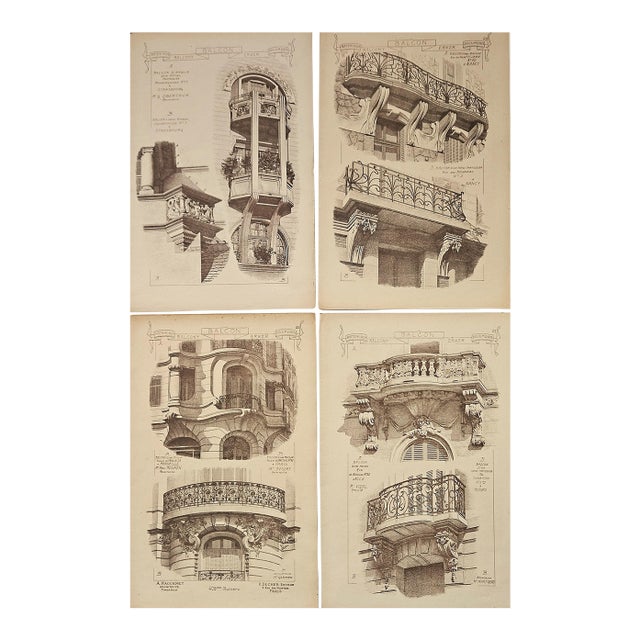 1887- Set of 4-French Antique Architectural Ornamental Engravings-Balcony Designs For Sale