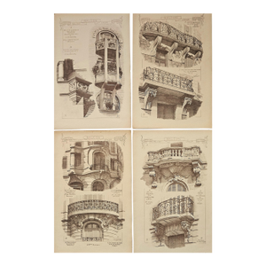 1887- Set of 4-French Antique Architectural Ornamental Engravings-Balcony Designs