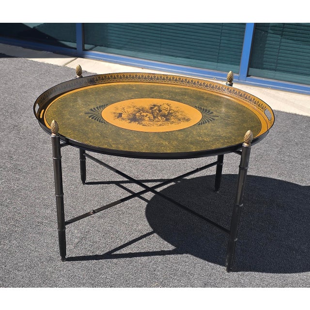 Metal Vintage Hollywood Regency Faux Bamboo Chinoiserie Tole Tray Coffee Table Italy For Sale - Image 7 of 17