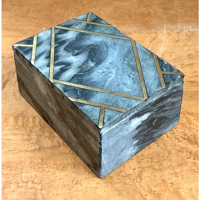 Gray Vintage Geometric Brass Inlaid Stone Box For Sale - Image 8 of 12