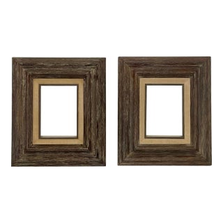 Mid Century Rustic European Brown Solid White Washed Wooden & Linen Matt Frames, a Pair For Sale