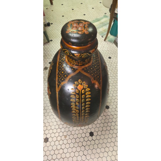 Vintage Hand-Painted Blackware Pottery Bottle Vase With Floral Folk Art Motif For Sale - Image 13 of 18