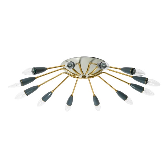 Large Mid-Century Modern 12-ArmedBrass Sputnik Ceiling Lamp, 1950s For Sale