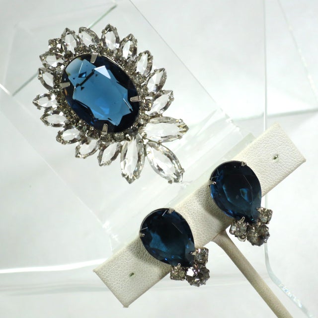 Mid-Century Modern Vintage Designer Juliana Sapphire Crystal Brooch Set 1960s For Sale - Image 3 of 12