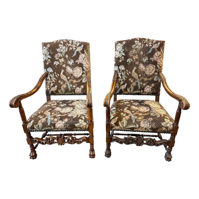 French Walnut Continental Arm Chairs in Vintage Floral Fabric, Pair For Sale