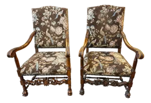 French Walnut Continental Arm Chairs in Vintage Floral Fabric, Pair