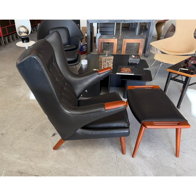 Mid 20th Century Hans Wegner A.P. Stolen Papa Bear Chair AP-19 & Ottoman Redone in Black Leather For Sale - Image 12 of 18